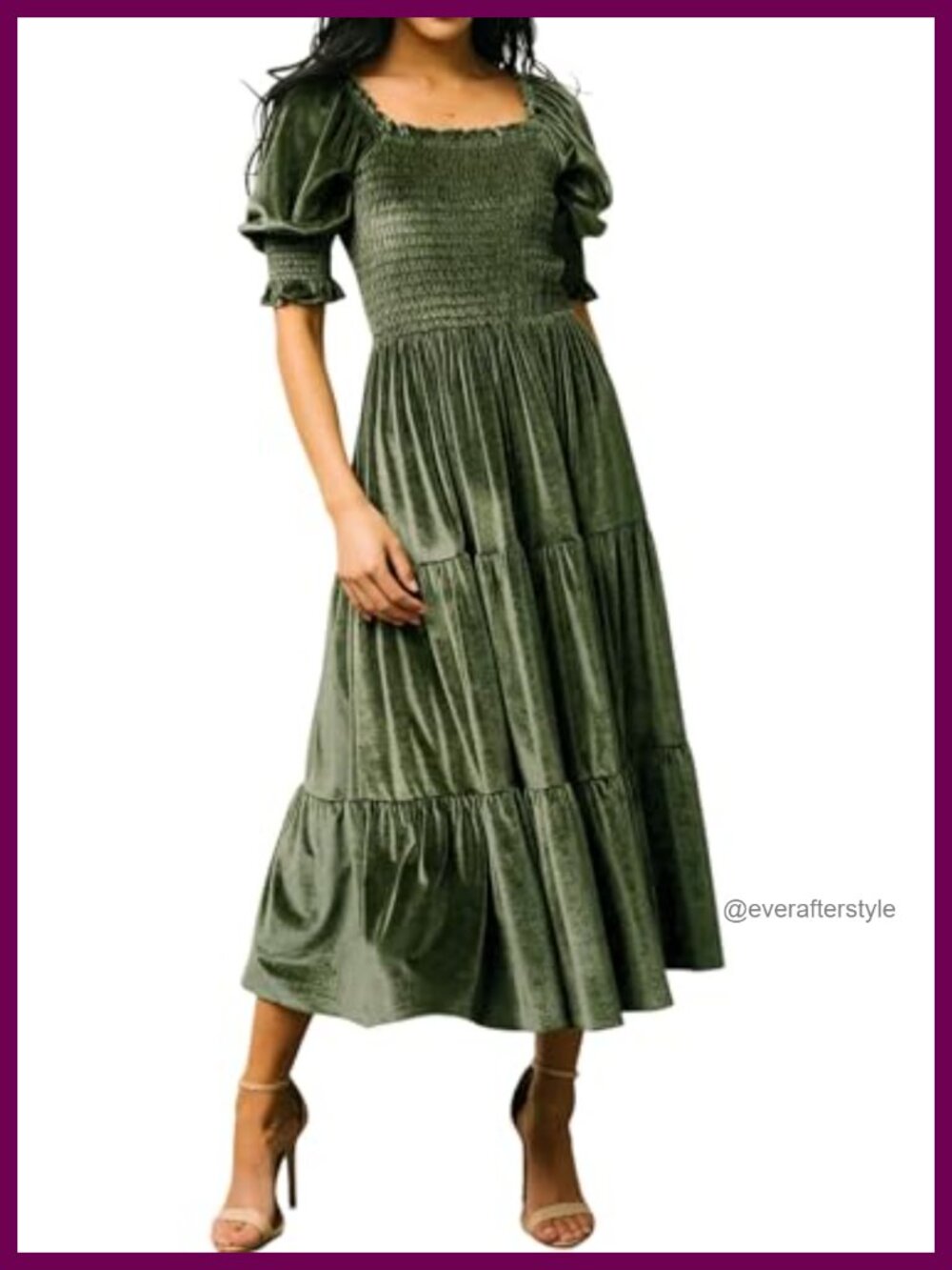 Velvet Smocked Midi Dress Puff Sleeve Square Neck Ruffle Tiered Fall Winter